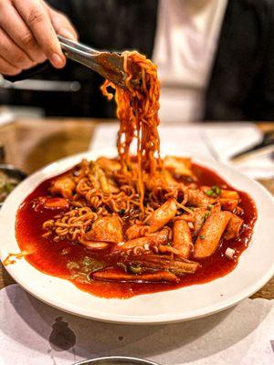 Tteokbokki with ramen. Spicy and delicious!! One of my favorite dishes to get here.