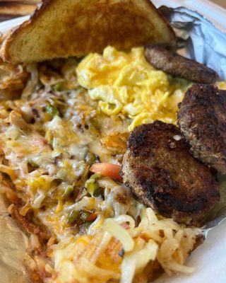 Veggie hashbrowns, turkey sausage, eggs, and toast