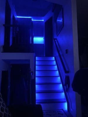 Color changing led lights in stairs, crown molding, backsplash and toe kick