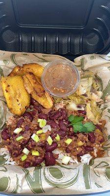 Stewed beans with rice, fried plantains, cabbage. 100 % Vegan.