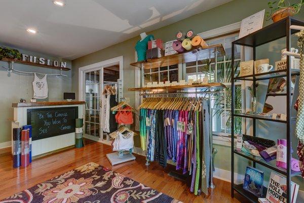 Fusion's Boutique offers yoga/fitness clothing, jewelry, books, yoga mats and much more