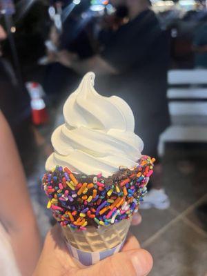 Vanilla custard in a sprinkle cone