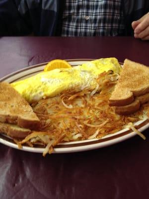 Omelet with ham, mushrooms, & onion, crispy hash browns & toast.