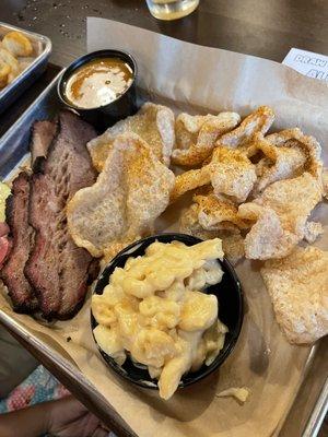 Brisket with mac n cheese and porks skins