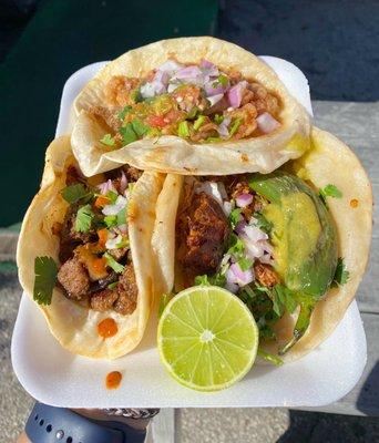 Bistek (Steak, left) | Chicharron (Fried Pork Rinds, top) | Al Pastor (Slow Roasted Pork, right)