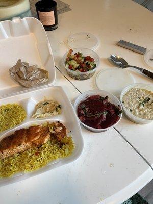 Baba Ganoush, salmon, beets, Fatoush Salad