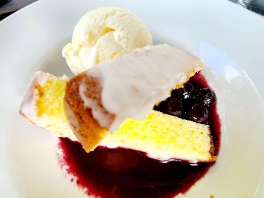 Lemon Pound Cake with blueberry coulis and sour cream ice cream