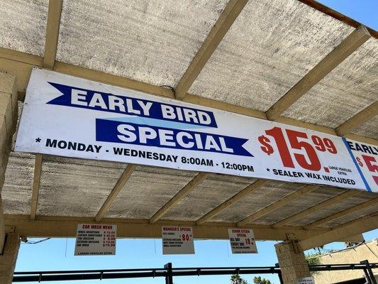 Earlybird specials on a car wash only until noon