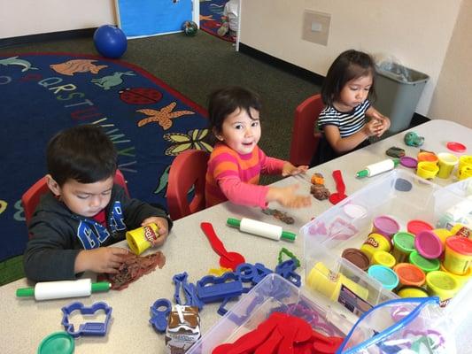 Mandarin/Chinese Preschool Class in their Creative Station with Play Doh here at Yak Academy in Redondo Beach.