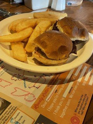 Kids hamburgers with French fries.