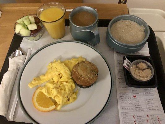 Oatmeal, Fruit, Eggs, Blueberry Muffin, Orange Juice, Coffee