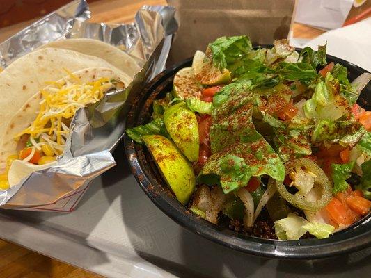 Steak tacos and Quinoa Bowl.