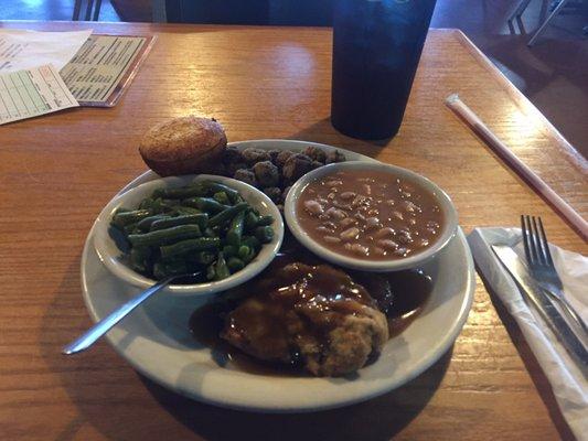 Chicken Fried Steak with okra, green beans, pinto beans, corn bread and ice tea.