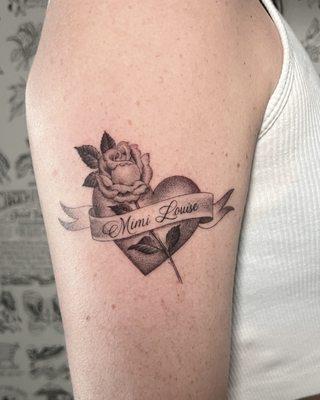 Single needle heart rose and banner tattoo by Tyler Borich