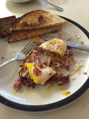 Fantastic corned beef hash made here shown mostly gone