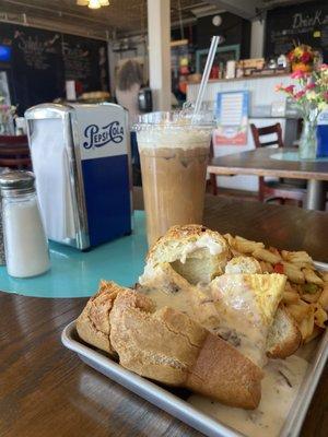 Iced caramel latte with the smothered popover and sausage gravy :)