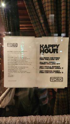 The York Menu (including Happy Hour)