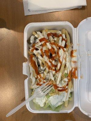 Beef platter, fries and hot sauce on top, rice and salad on bottom