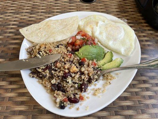 Quinoa, eggs, avocado, corn tortillas