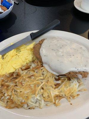 Country fried steak and eggs