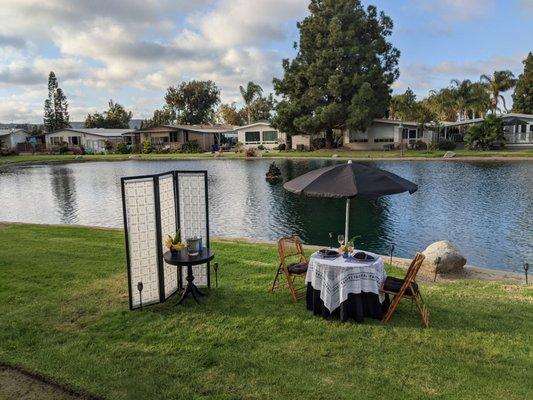 Romantic dinner by the pond