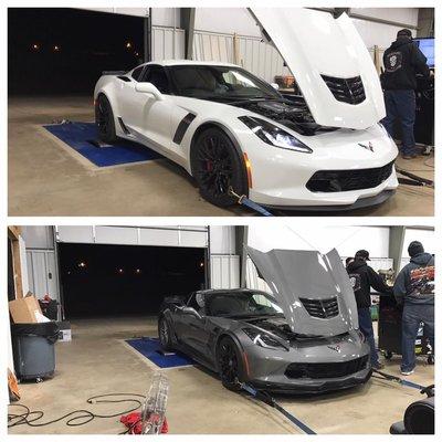 White car 9% lower Texas Speed and Performance, LTD long tube headers and a Haltech cold air intake.