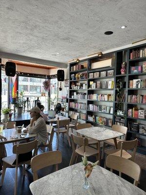 Interior with lots of seating and bookshelves