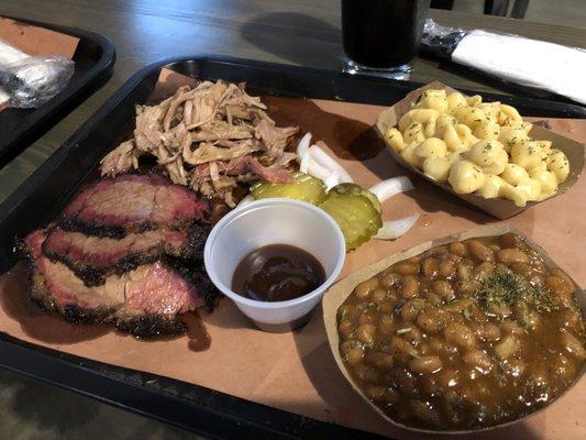 Pulled Pork and Brisket plate with Mac & Cheese and Baked Bean! Yes, great food!