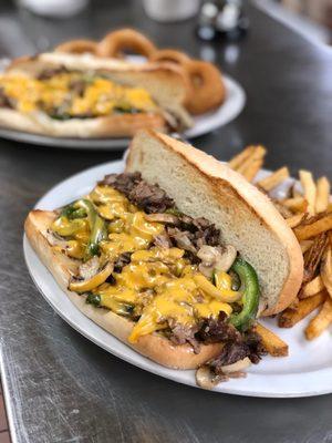 Philly cheesesteak made with prime rib meat!! Can't beat that!