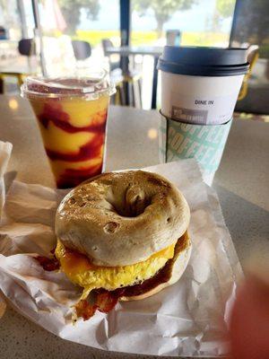 Chamango Smoothie, Breakfast bagel with eggs, bacon, and cheese, and a Chai Latte. Pretty good!