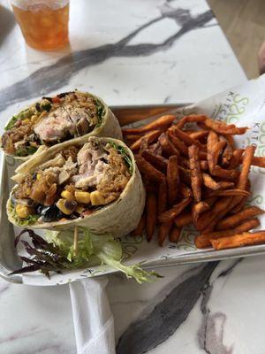 Miami wrap grilled tuna, cooked, medium rare.. crispy, delicious sweet potato fries.