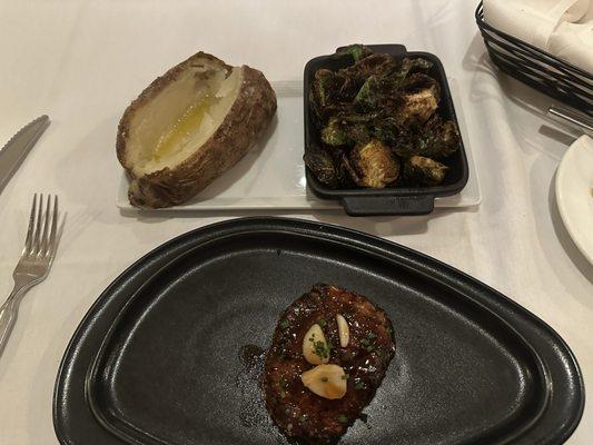 Filet with baked potato and Brussels Sprouts