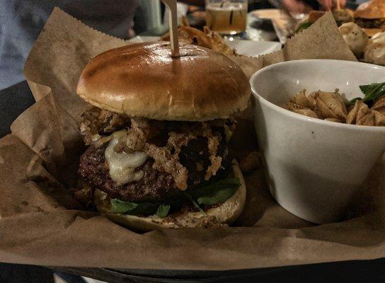 Bison burger. Fig jam, fried red onion, balsamic peppered bacon, white cheddar and water cress.