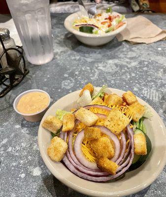 Side Dinner Salad with Homemade Thousand Island Dressing! Lettuce, Purple Onion, Tomato, Cheese, and Croutons!