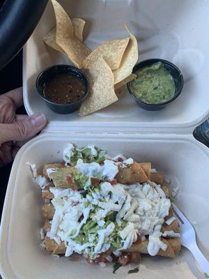 Taquitos with side of chips and salsa