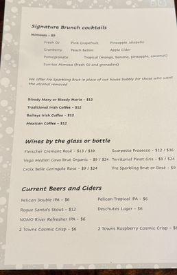 Drinks menu