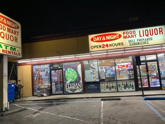 A view of the sign on the outside of the store at 4:08 AM