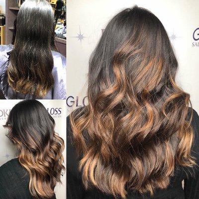 Here is the before (top left) and after of a balayage 

To book Katie, call Gloss at (402) 502-1850