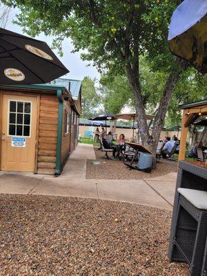 Outdoor seating and a bar