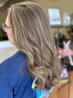 My hair with lowlights and highlights at Main Street Salon by Hair Stylist Katie Tincher.