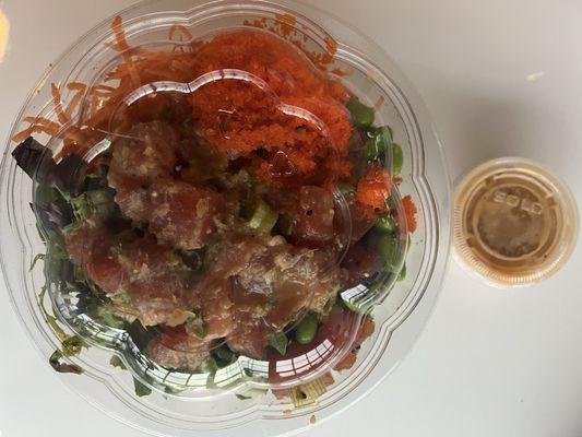 Build Your Own - Poke with tuna, rice, edamame, masago, spring mix, shredded carrots, and gluten free ginger miso dressing, on the side.