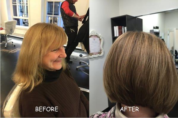 Carla came in with damaged hair and a brassy tone from too much box color.  We gave her a stylish new bob with beautiful blond highlights