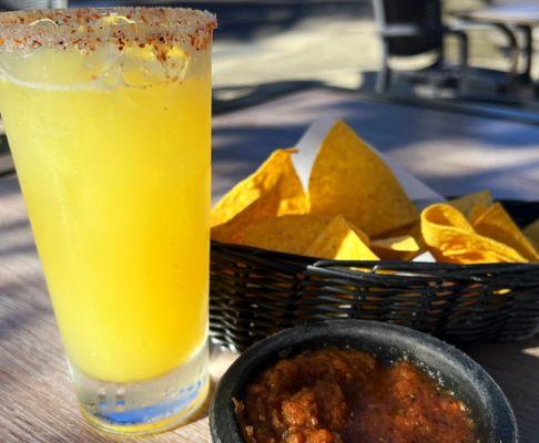 House margarita, chips and salsa.