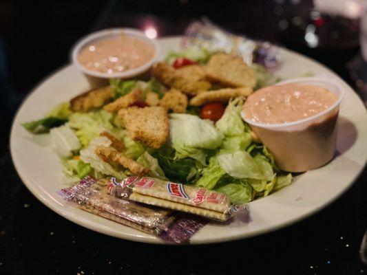 instead of 2 sides, hubby got double salad. Comes on a dinner plate with 2 dressings. YUGE! :)...