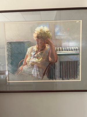 Mom hung her self-portrait in my office and brought the old one to our home from Heaven.  She had already passed.