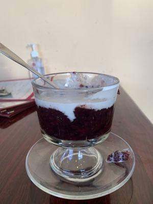 Amazing black rice pudding, was wonderfully delivered by the server!