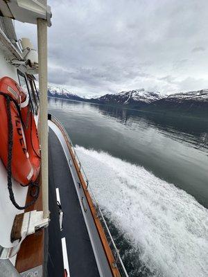 Starboard side of the boat while under way