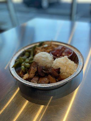 Medium bowl. 2 scoops of rice. Teriyaki Chicken. Poke. Garlic Edamame.