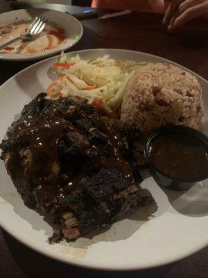 Jerk chicken, Rice & Peas, cabbage