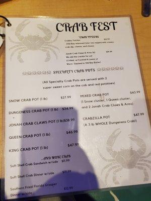 Crab Fest menu